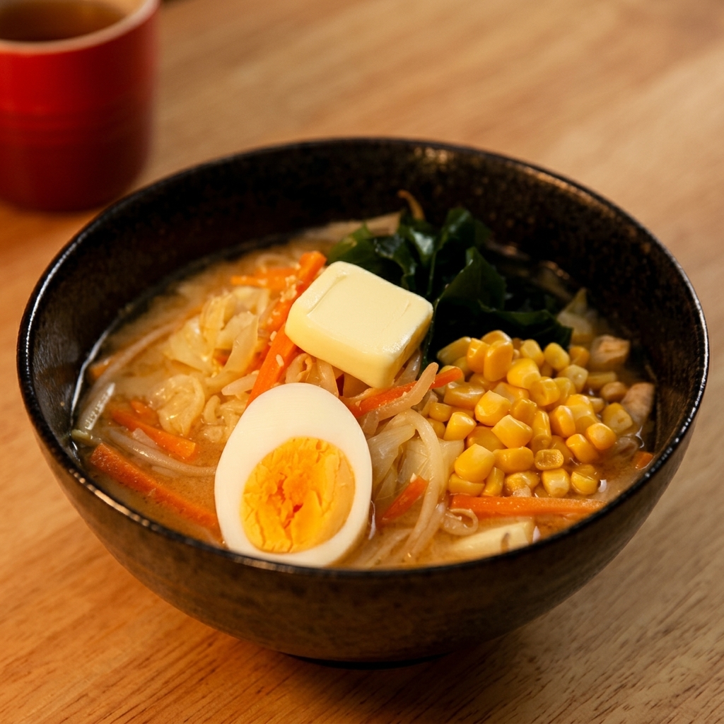ラーメンの上に、スプーンでたっぷりのコーンをトッピングしている様子。