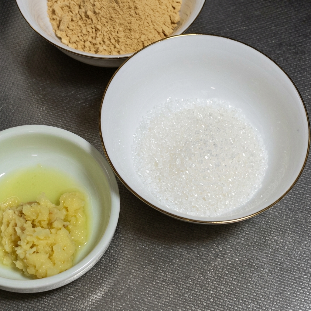 赤味噌、みじん切りのにんにく、すりおろした生姜が入った白い器のクローズアップ。