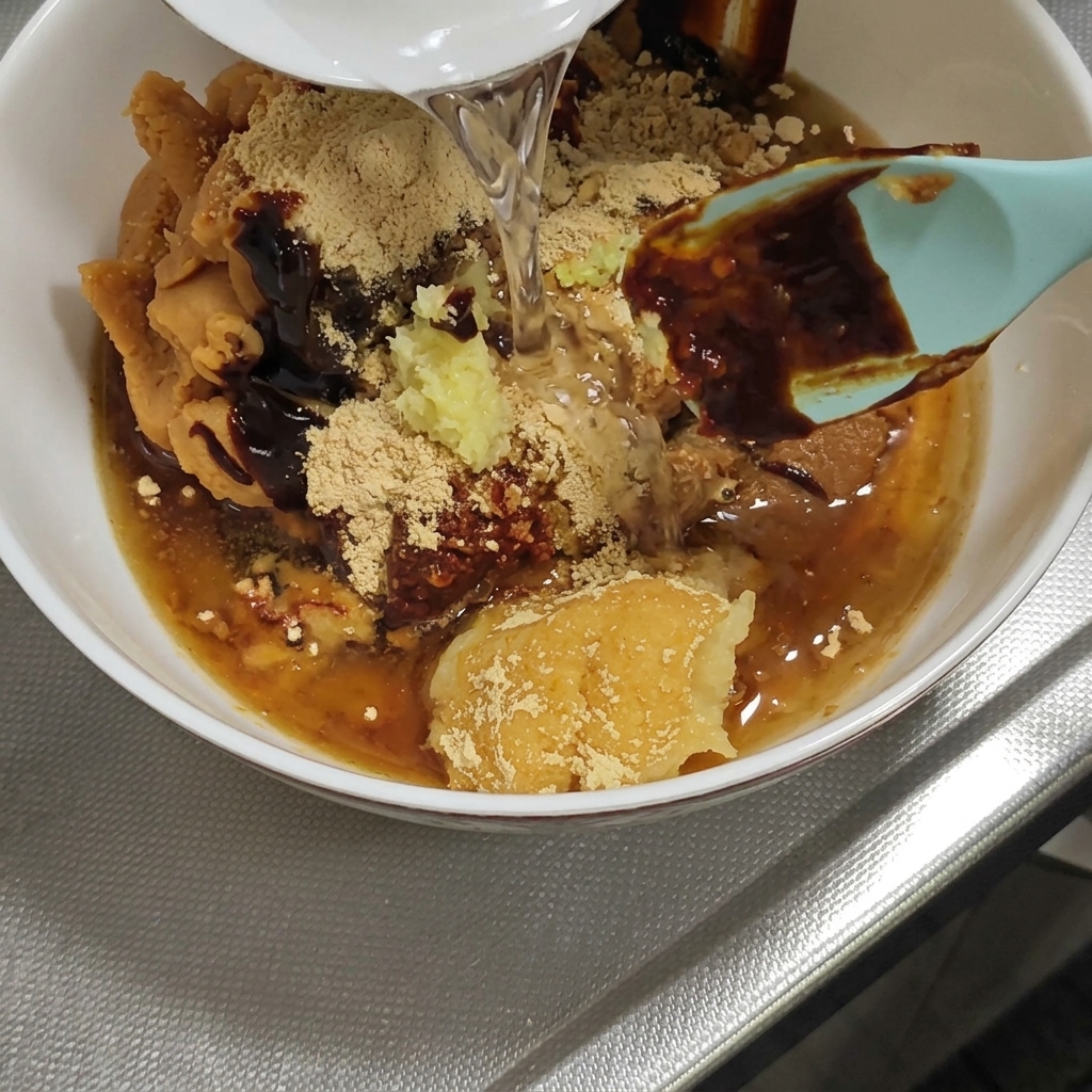 やかんから鉢に熱湯を注ぎ、箸で味噌をかき混ぜている様子。