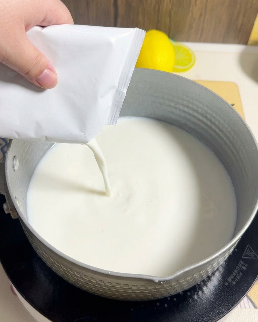 クリーミーなスープの中でエビ、カニカマ、コーン、きのこが煮えている様子。