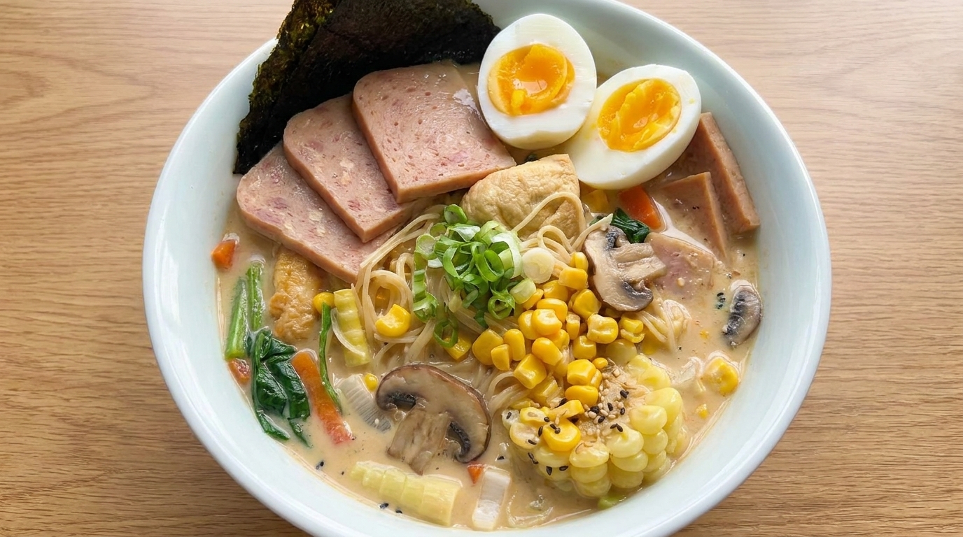 煮卵、ランチョンミート、海苔、スイートコーンをトッピングしたクリーミー味噌バターコーンラーメン。