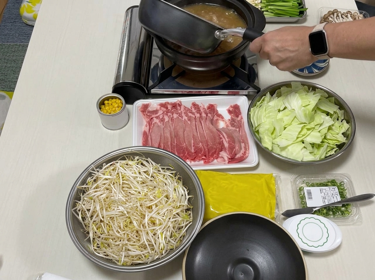 鮮やかな野菜、薄切り肉、麺が詰まった鍋に、お玉で豊かな黄金色のスープベースを注いでいる様子。