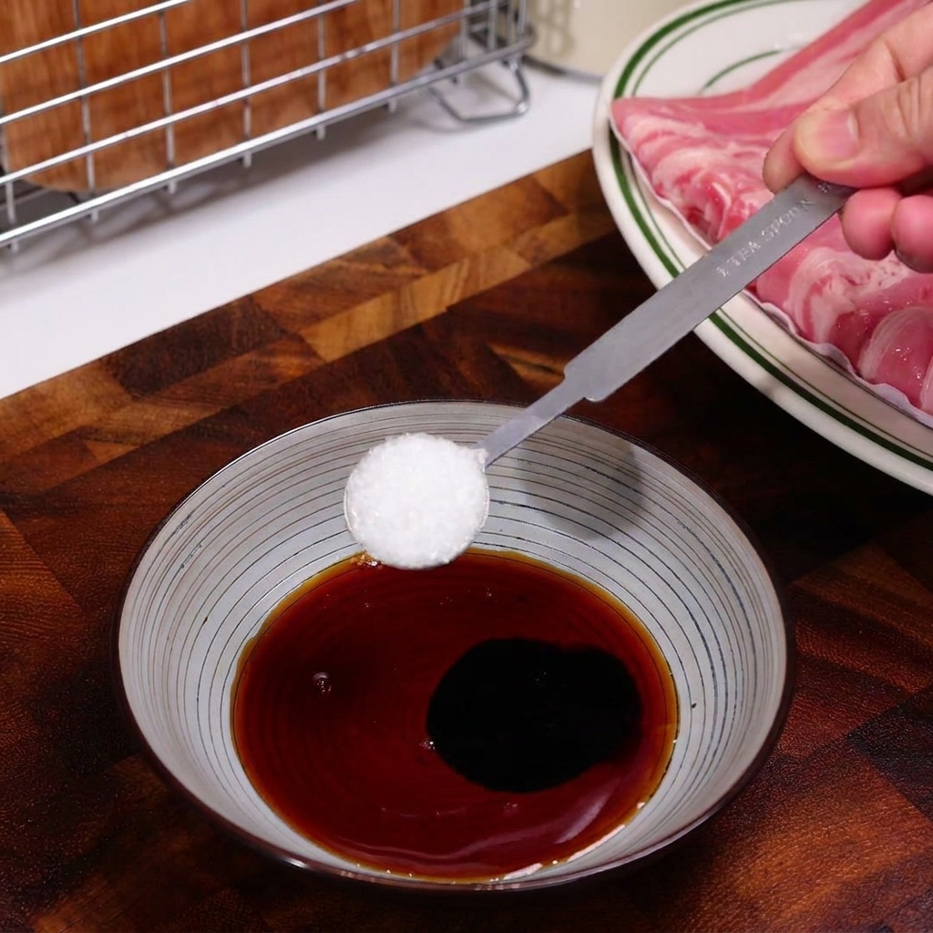 ボウルの中で調味料と白い粉を混ぜ合わせている様子