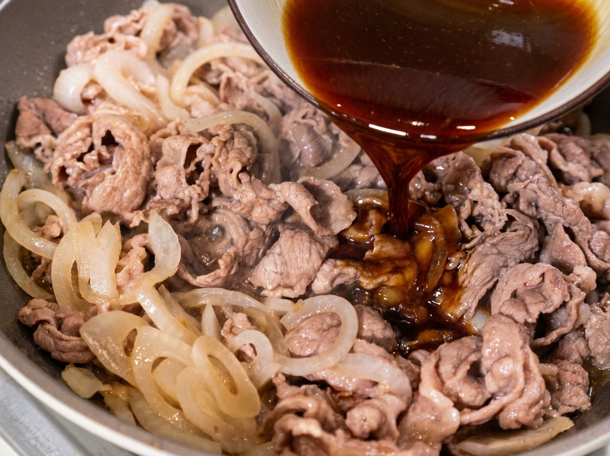 合わせた調味料を牛肉に回し入れている様子