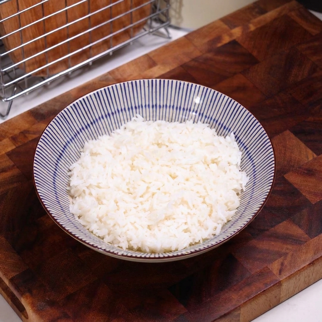 炊き立てのご飯の上に牛肉をのせている様子
