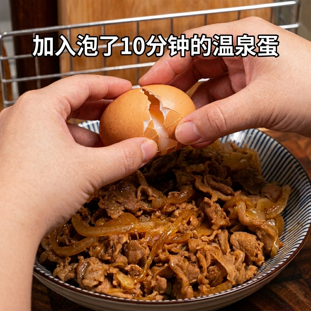 どんぶりの中央に温泉卵を割っている様子