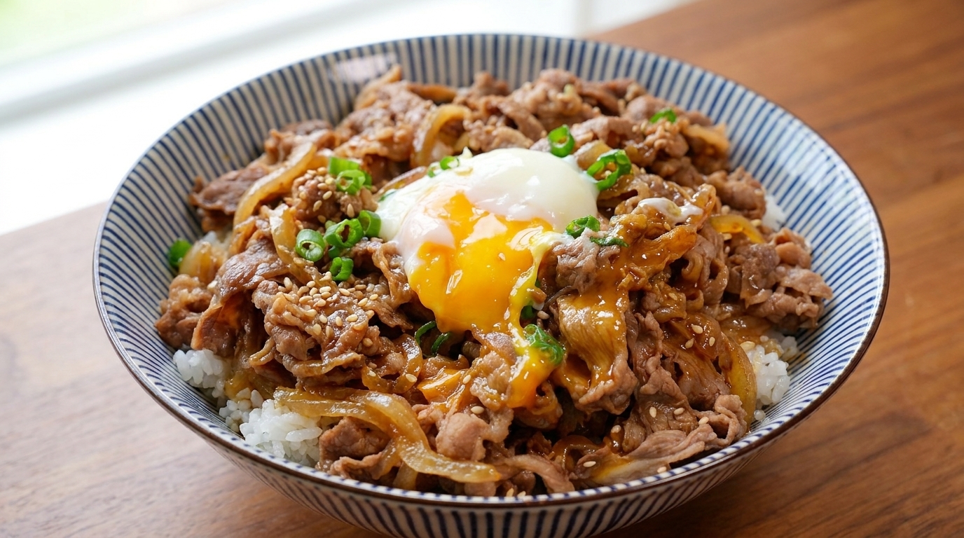 牛肉の旨味と玉ねぎの甘みが染み込み、温泉卵をのせた熱々の牛丼。