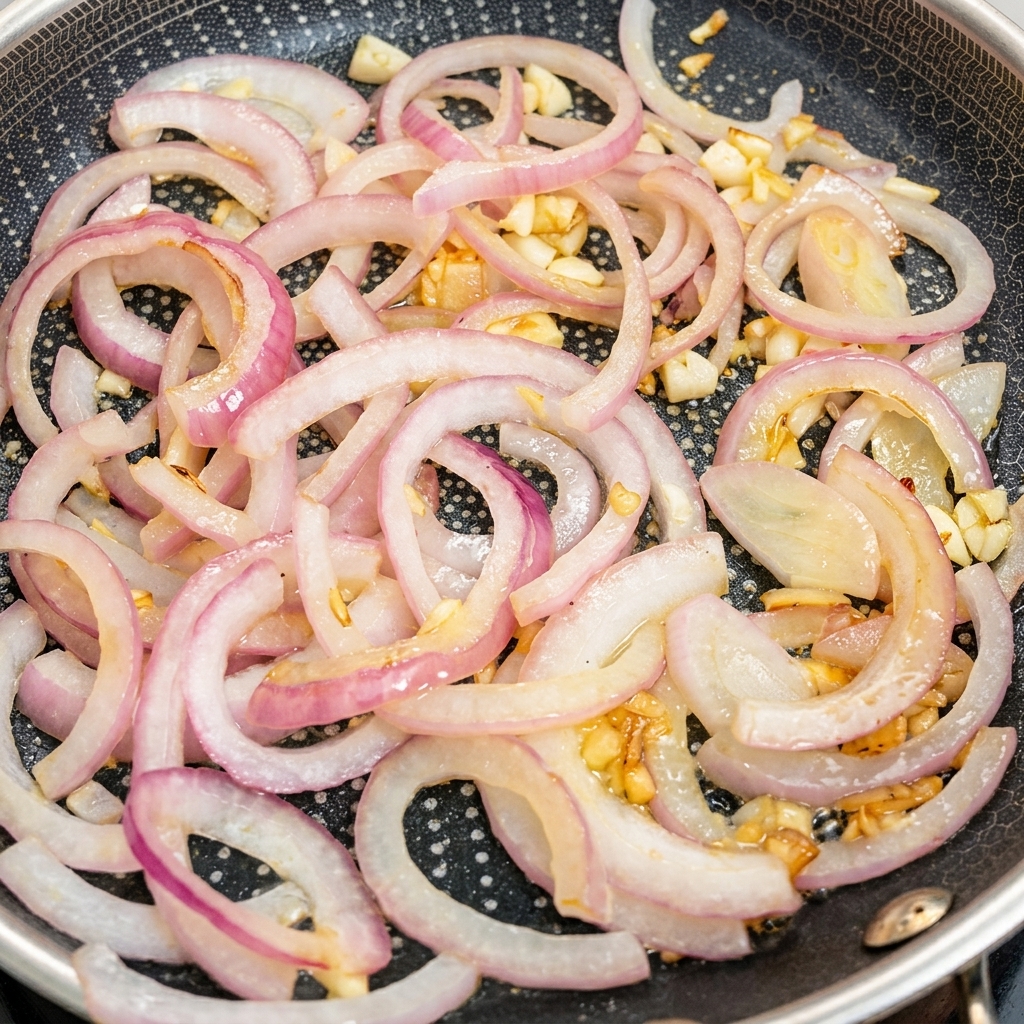 炒めた玉ねぎの上に牛肉を戻し入れている様子。