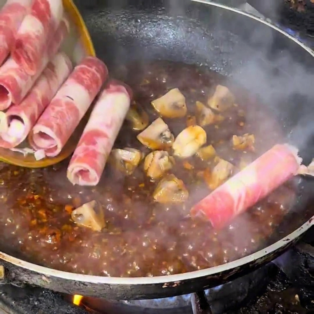 ソースとキノコの入ったフライパンに、薄切りの霜降り牛肉を広げ入れている様子。