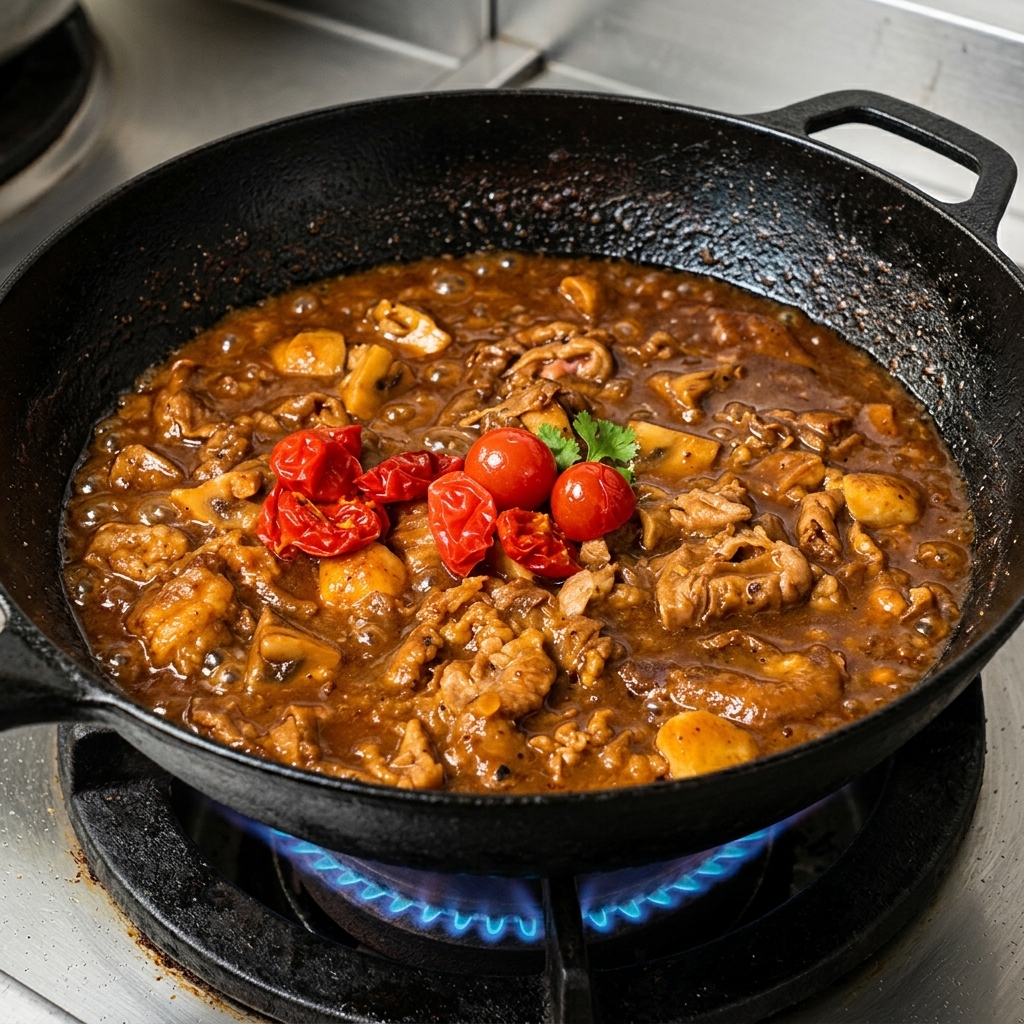 牛肉とマッシュルームの炒め物にミニトマトを加えて炒めている様子。