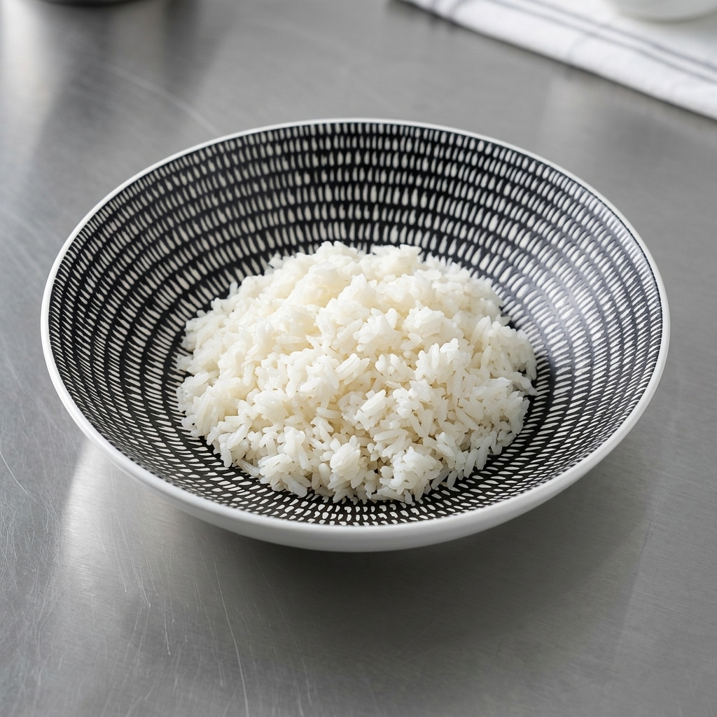 どんぶりに白いご飯をふんわりと盛り付けている様子。
