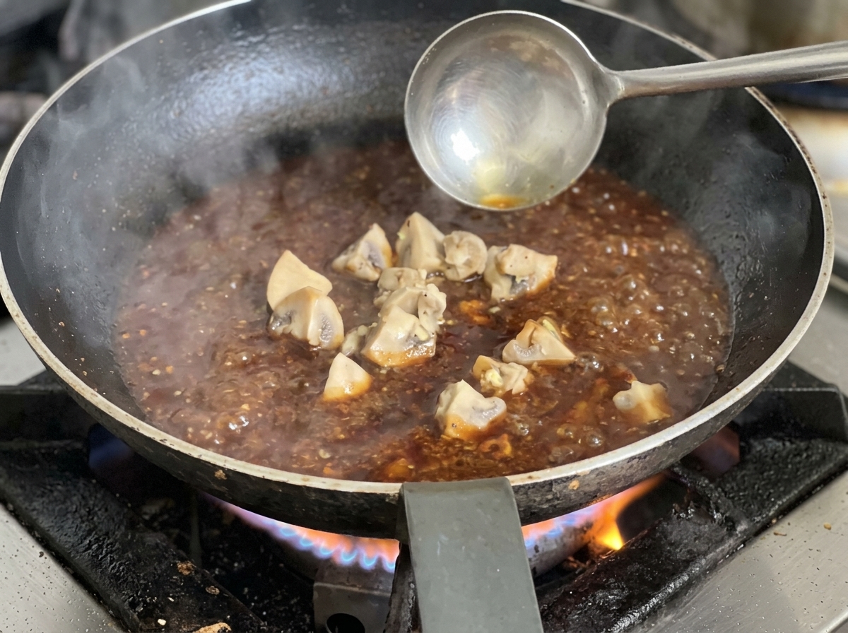 炒めた玉ねぎの入ったフライパンに、霜降りの牛薄切り肉を加えている様子。