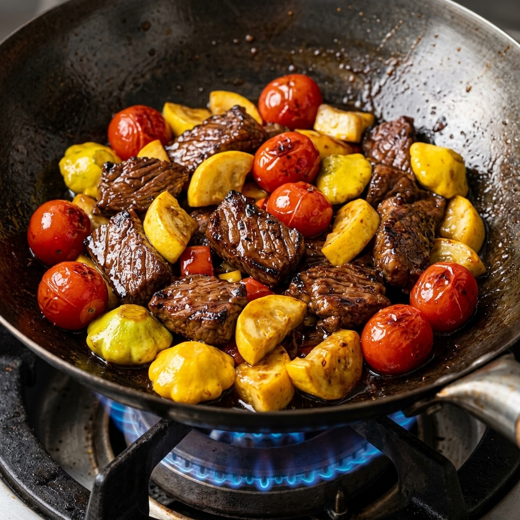 フライパンの中で、牛肉と玉ねぎが醤油ベースのだし汁で煮込まれている様子。