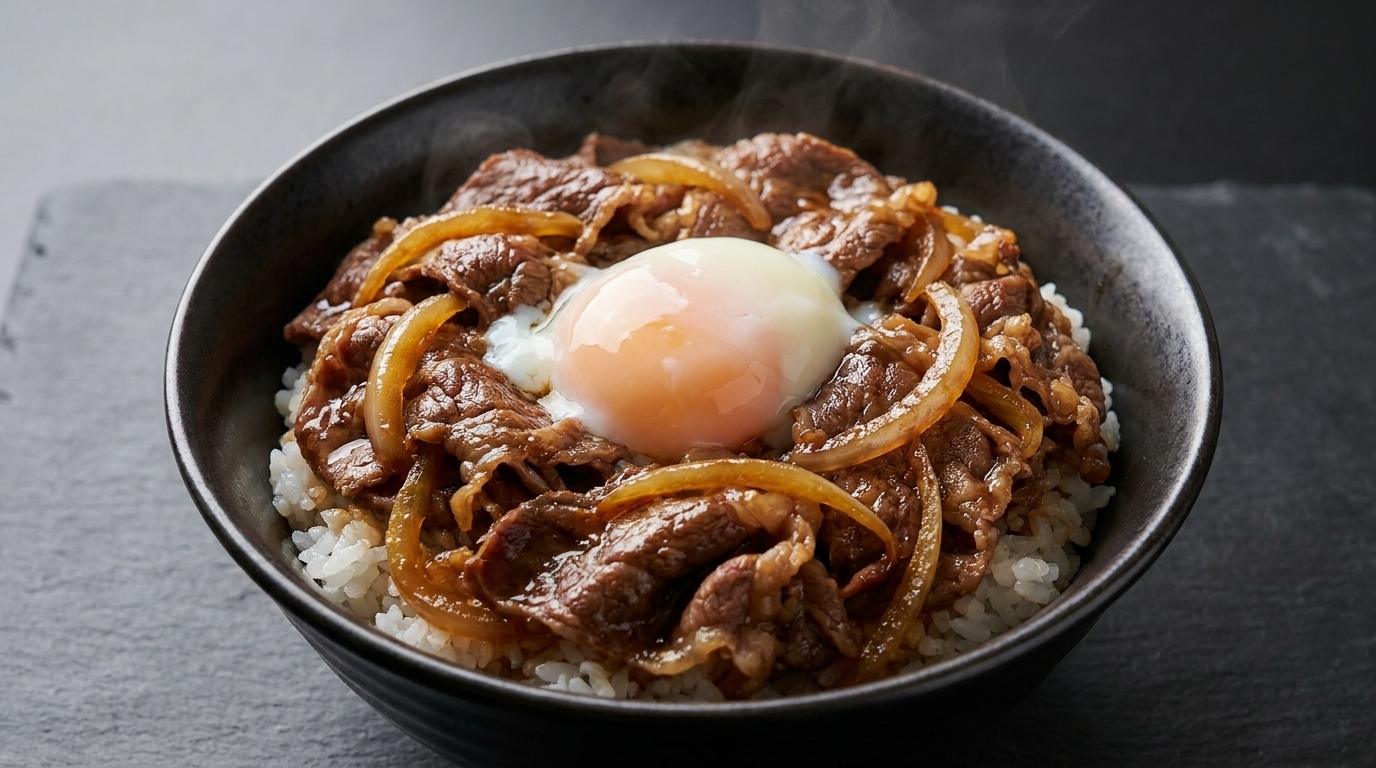 霜降り肉と温泉卵の極上牛丼