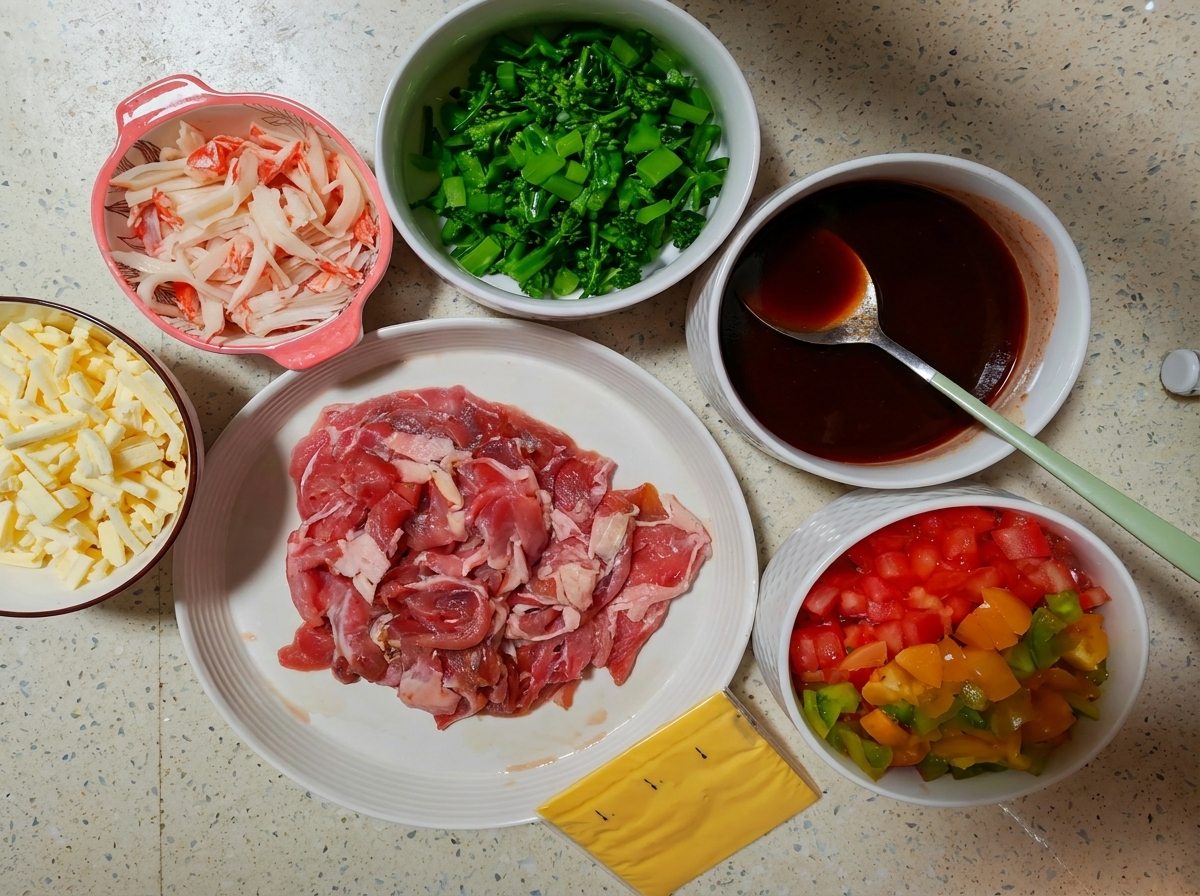 熱したフライパンで牛肉の薄切りを炒めている様子
