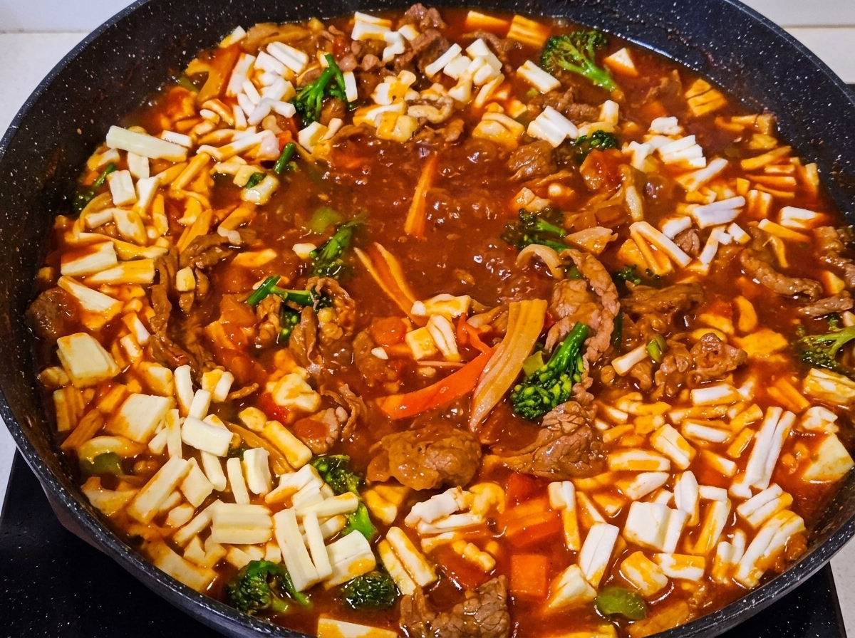 フライパンの中央にご飯を盛り、スライスチーズを乗せた状態