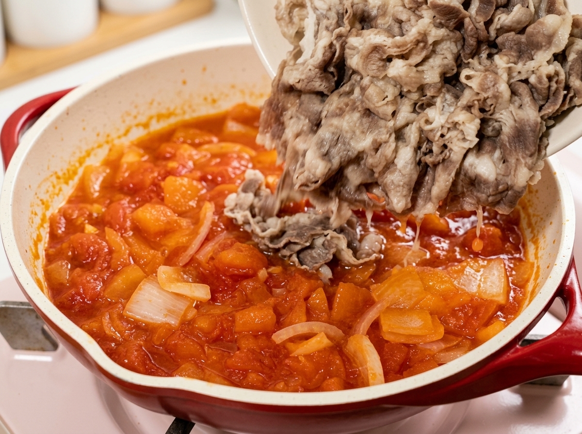 炒めたトマトと玉ねぎのフライパンに下茹でした牛肉を加える様子。