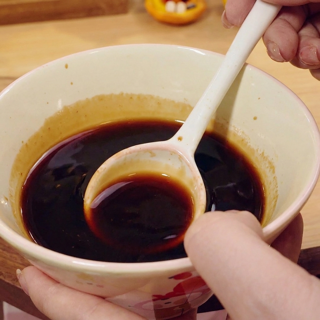 醤油、砂糖、ケチャップなどを混ぜた合わせ調味料をフライパンに回しかけている様子。