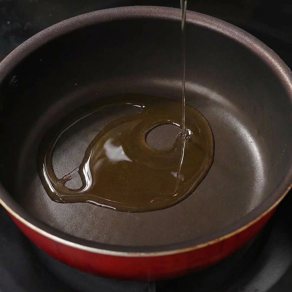 小さめのテフロン加工フライパンにサラダ油を入れる様子。