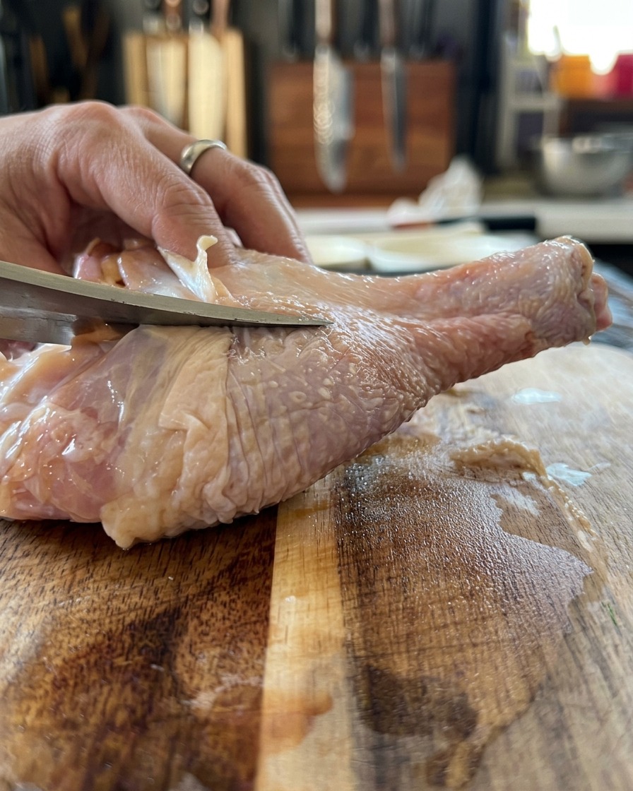 まな板の上で鋭い包丁を使い、鶏もも肉の骨を取り除いている様子。