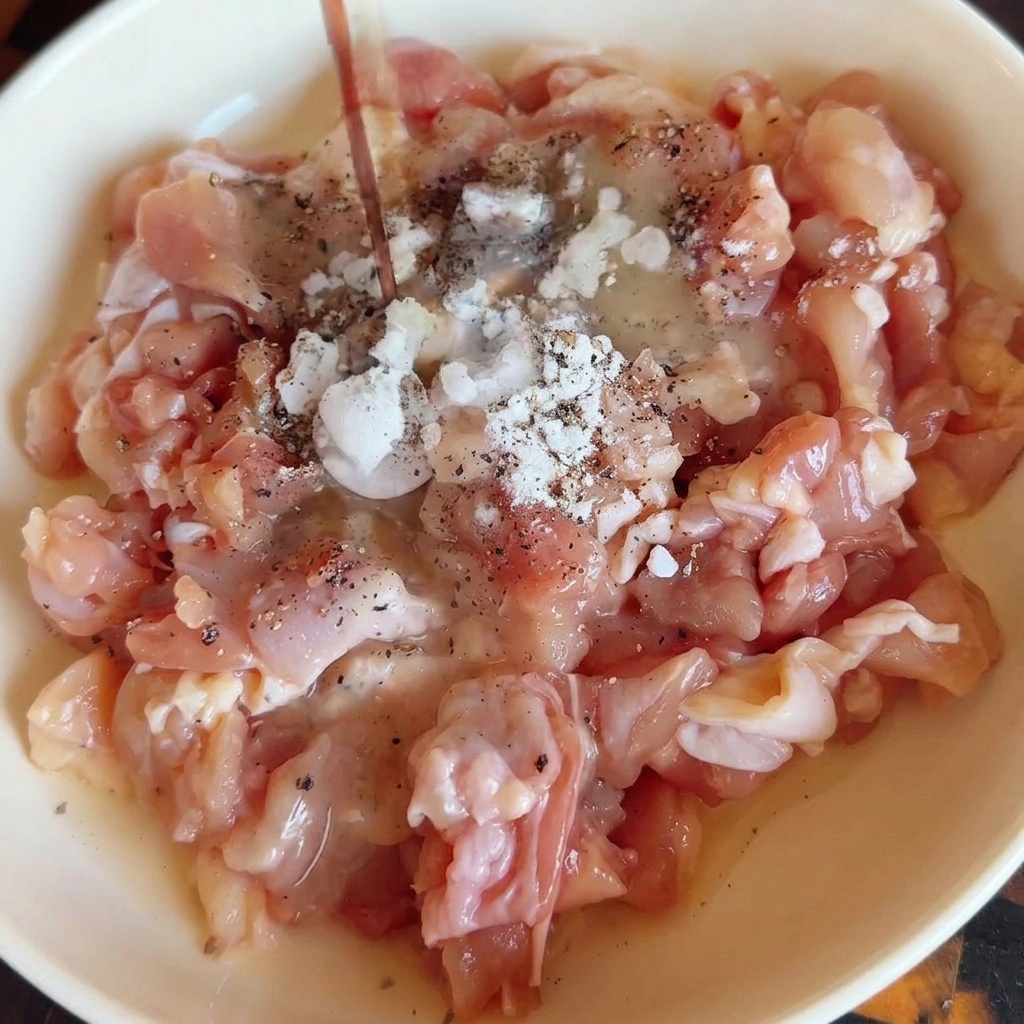ボウルに入った鶏肉に醤油や調味料を加えている様子。