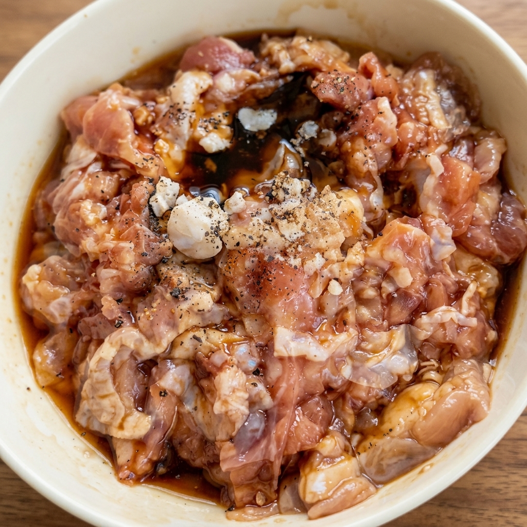 手袋をした手で、ボウルに入った鶏肉と調味料を混ぜ合わせている様子。