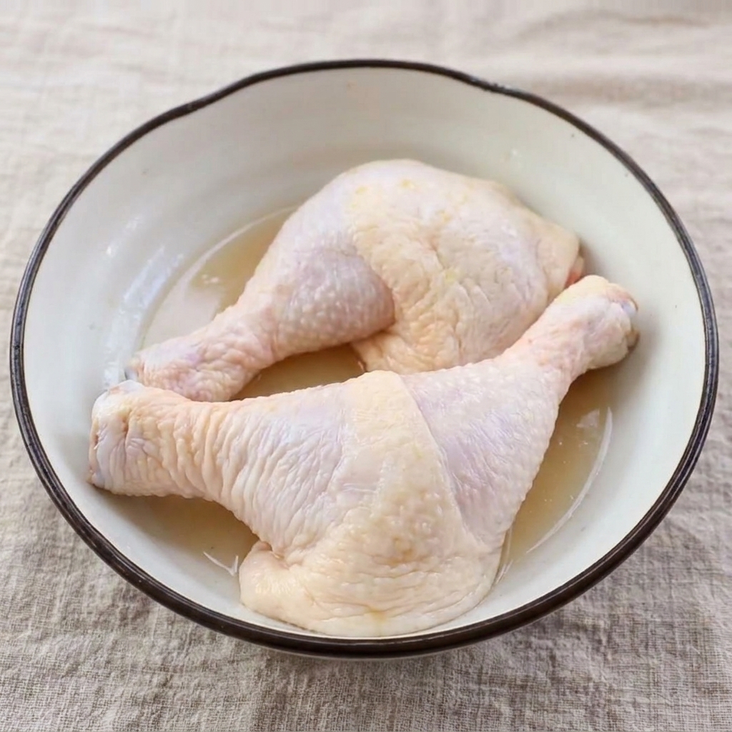 キッチンバサミで鶏もも肉の骨を取り除いている様子