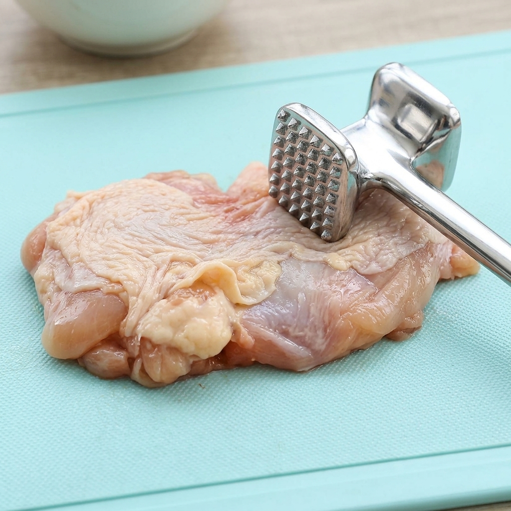 青いまな板の上で、肉叩きを使って鶏もも肉を平らにしている様子