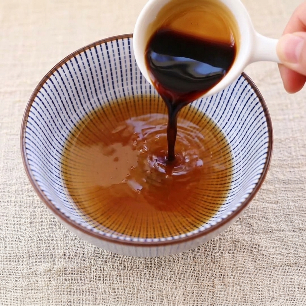 小さなカップからタレを混ぜ合わせたボウルに注いでいる様子