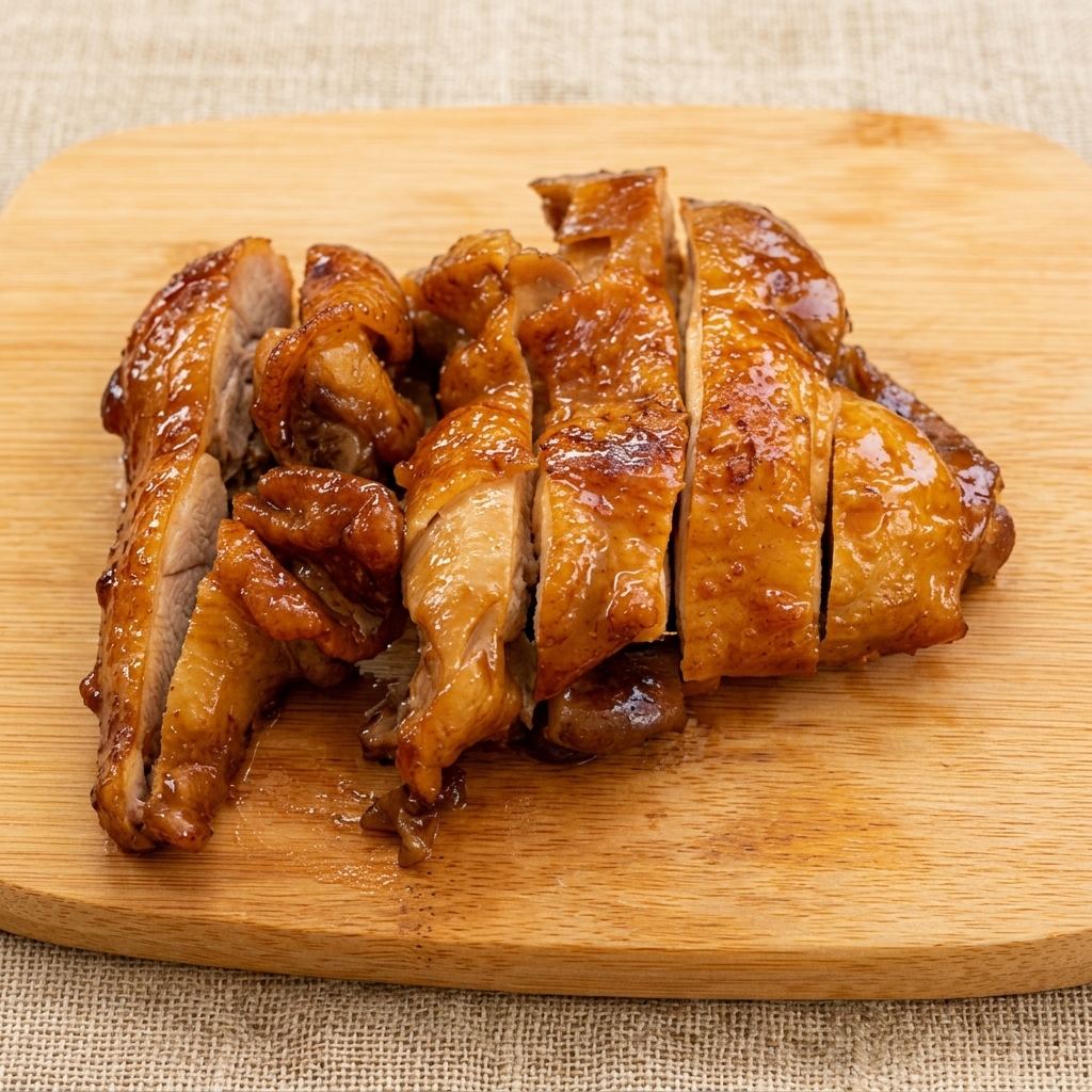 まな板の上で調理されたチキンを食べやすい大きさにカットしている様子