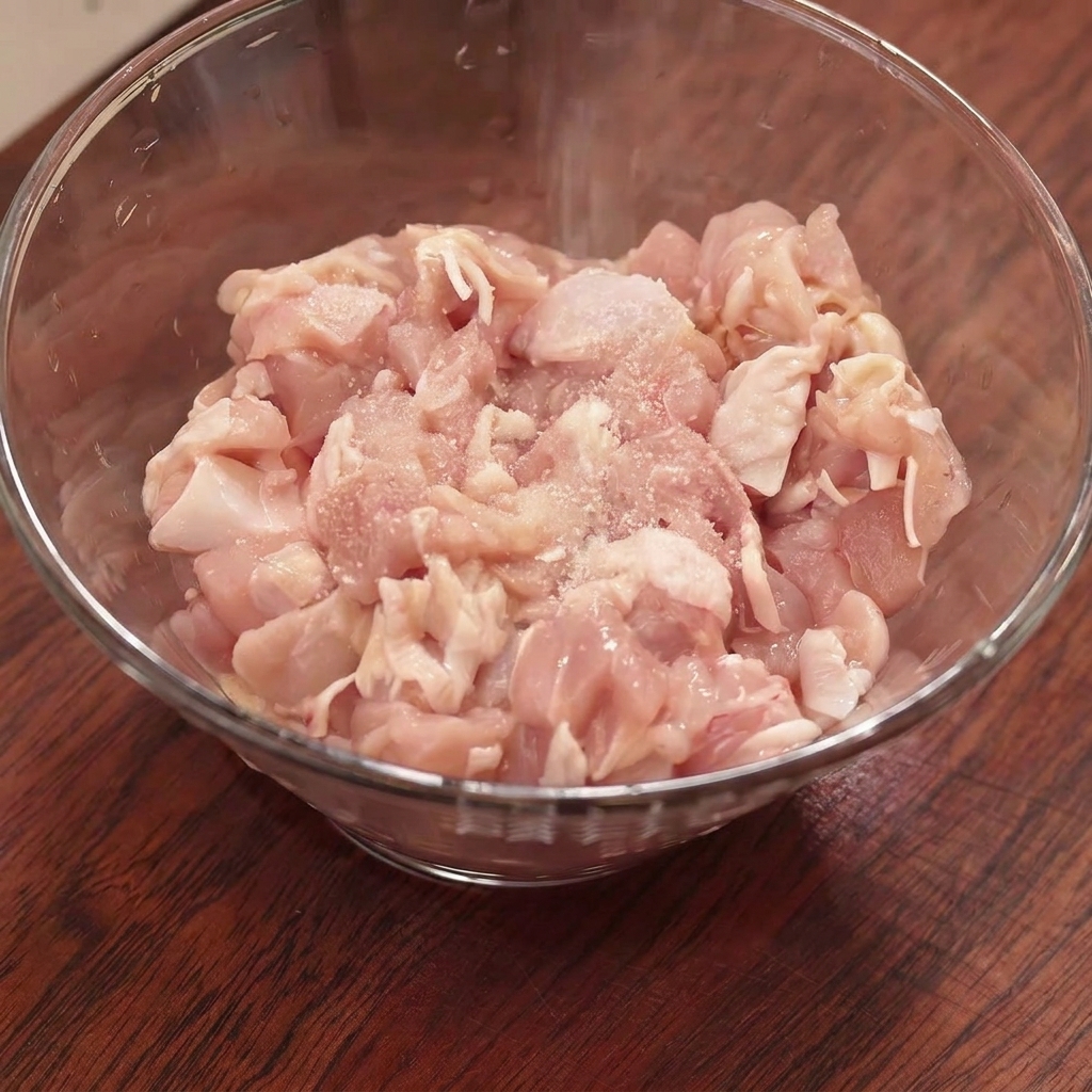 ボウルに入れた細かく刻んだ鶏肉に、塩、片栗粉、調味料を加えて混ぜ合わせる準備をしている様子。