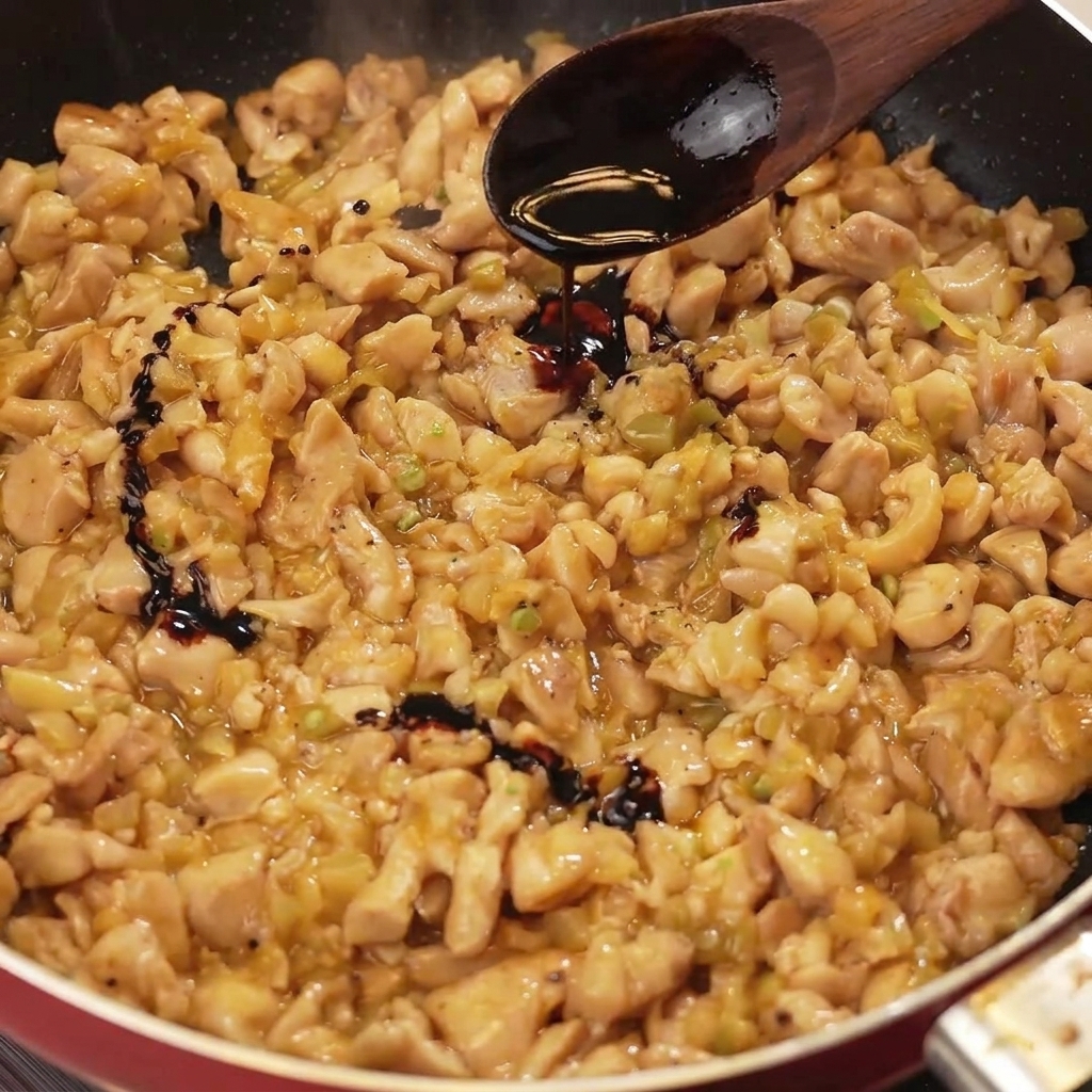 木べらで濃口醤油を加え、鶏肉全体に照りを出している様子。