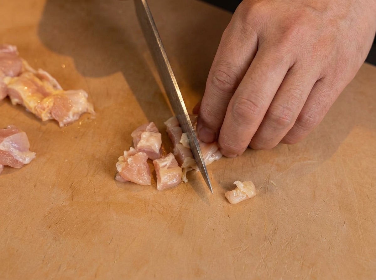 まな板の上で、生の鶏肉を小さなサイコロ状に切り分けている手元。