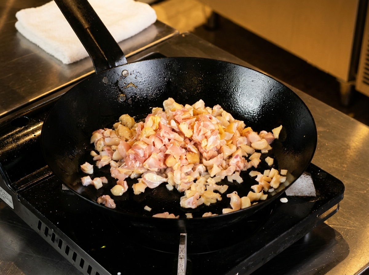 熱い黒いフライパンの中で調理されている、生の刻んだ鶏肉と軟骨。