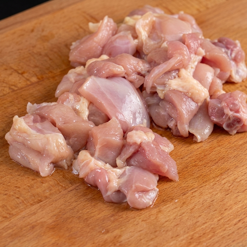 まな板の上で小さく切られた生の鶏もも肉。