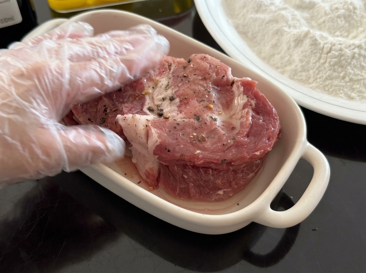白い皿の上で生姜肉に塩と黒こしょうをすり込んでいる様子。