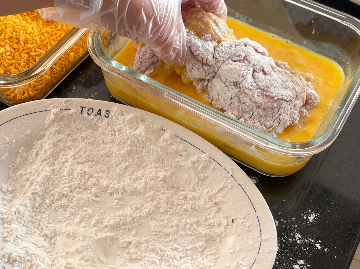 粉をまぶした豚肉を溶き卵が入った容器に入れている様子。