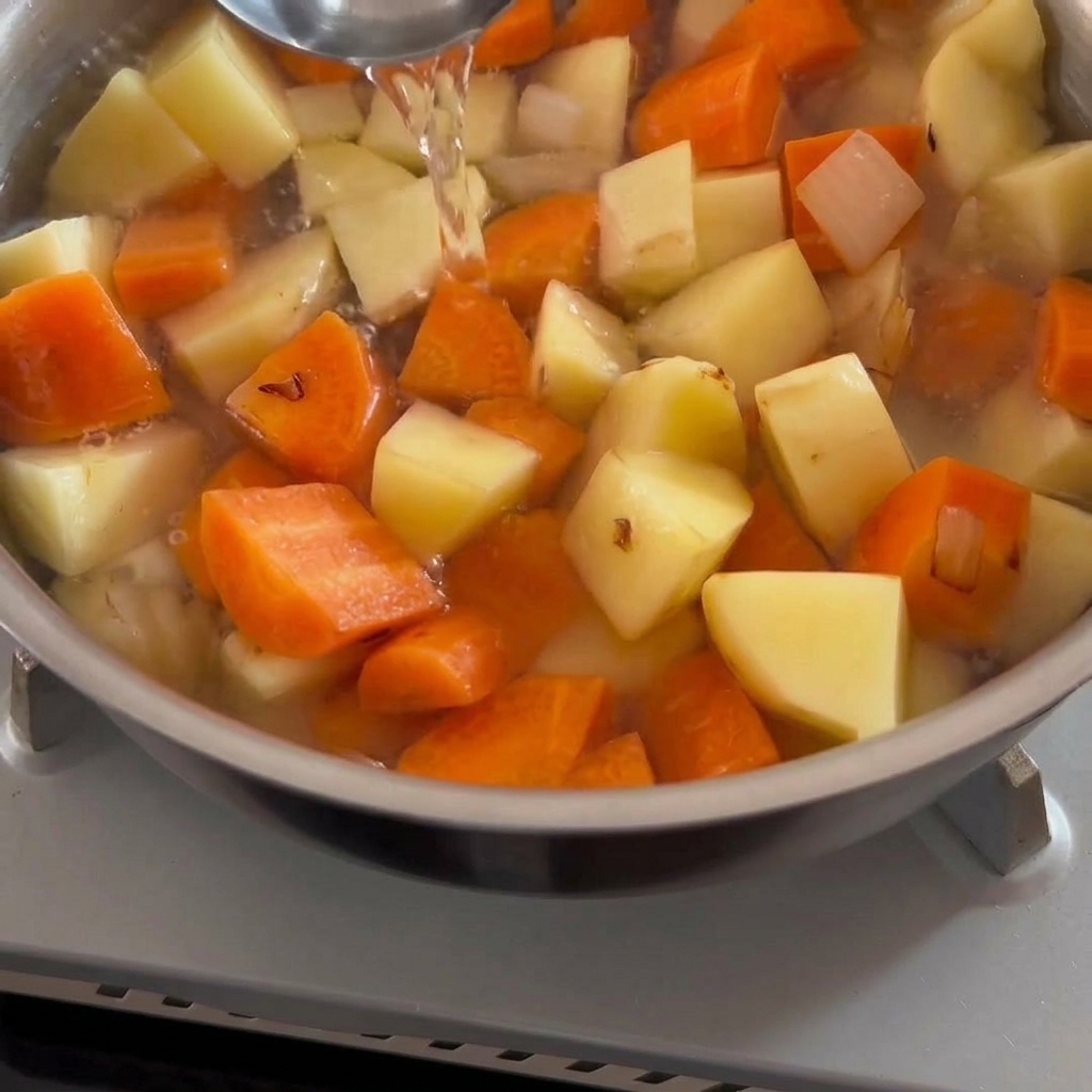 煮立たせた鍋に固形のカレールーを入れている様子。