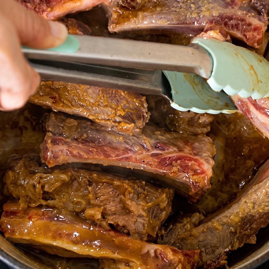 肉をひっくり返して焼き色を確認している様子