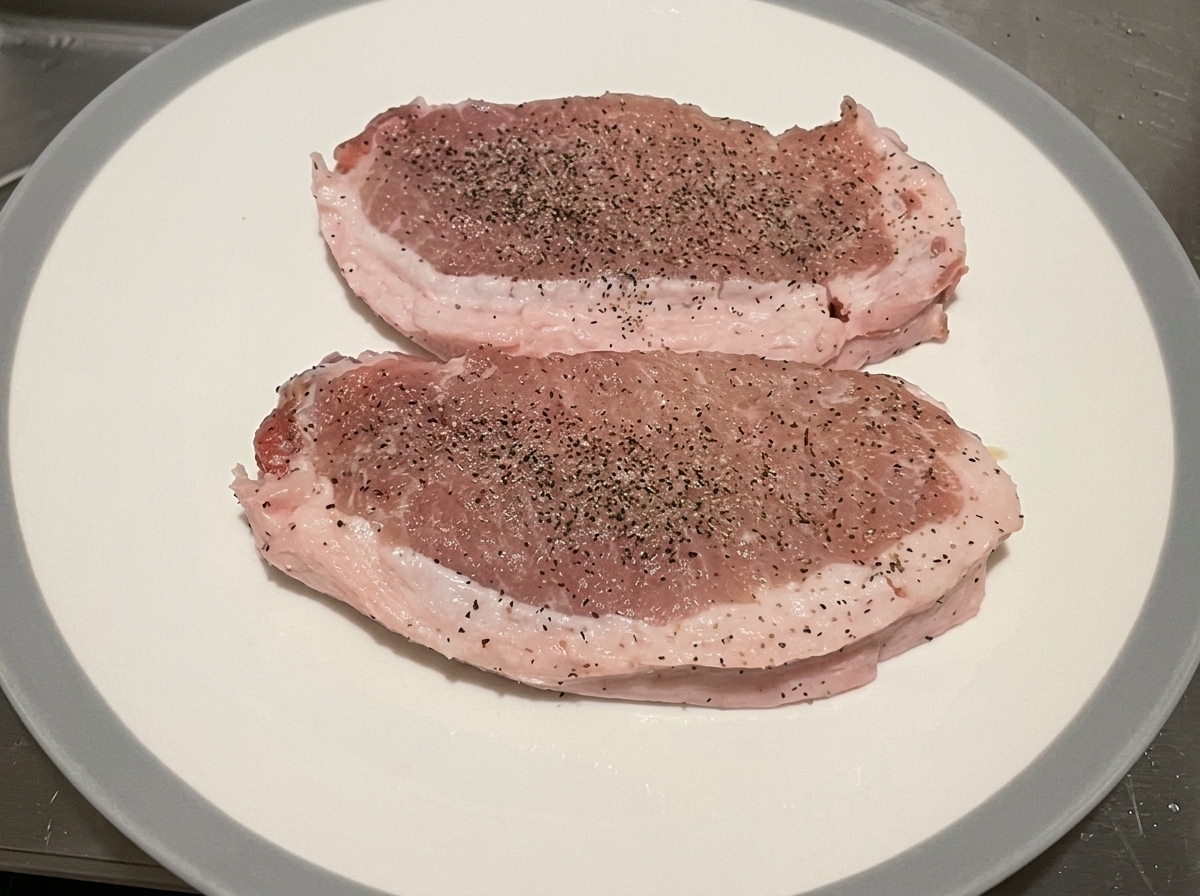 厚切りの豚ロース肉に塩と黒こしょうをまぶしている様子。