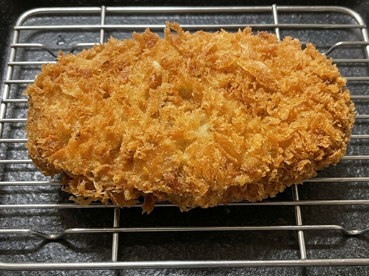 きつね色に揚がった豚カツを網の上に乗せて油を切っている様子。