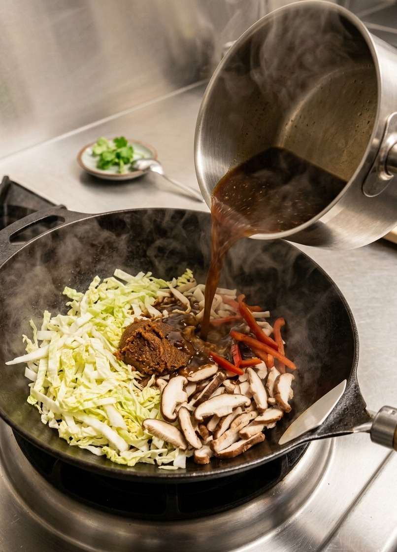 熱々の鉄板に乗ったカツとキャベツの上に、濃厚な味噌ソースをたっぷりかけている様子。