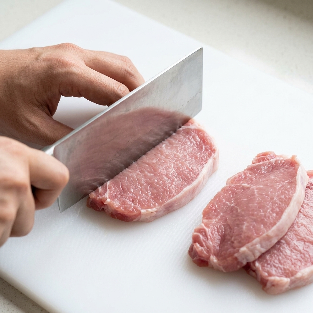 包丁の背で豚肉を軽く叩いて柔らかくしている様子。