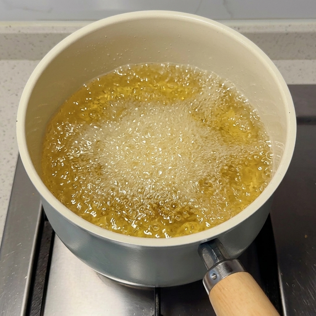 白い鍋の熱い油の中で泡を立てながら揚げられているポークチョップ。