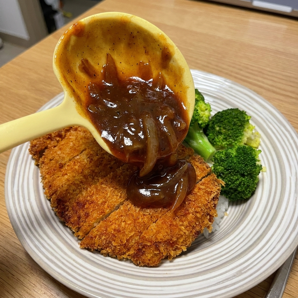 盛り付けたご飯と豚肉に、黒胡椒ソースをお玉でかけている様子。