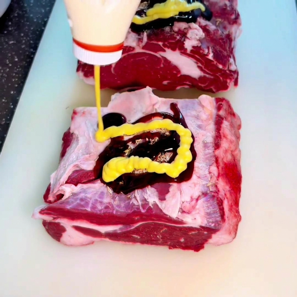 黄色いボトルからハニーマスタードソースが肉の表面に波状にかけられているクローズアップ。