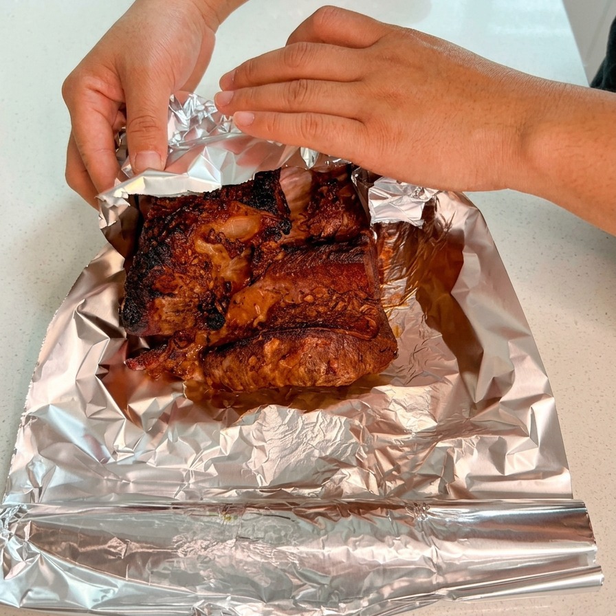 表面がこんがり焼けた肉を、アルミホイルできっちりと包み込んでいる様子。