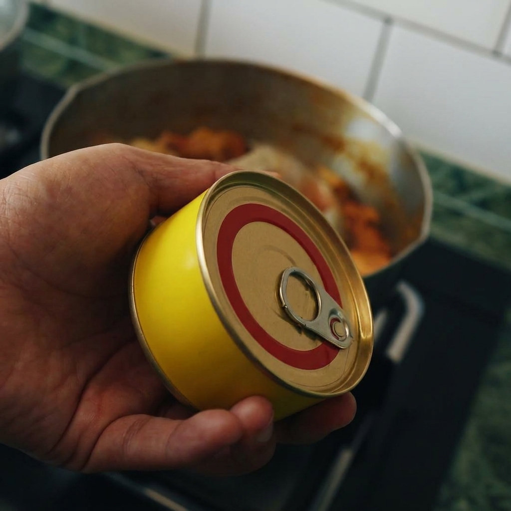 ツナ缶の中身を、キャベツとカレーが煮立っている鍋に加えている様子