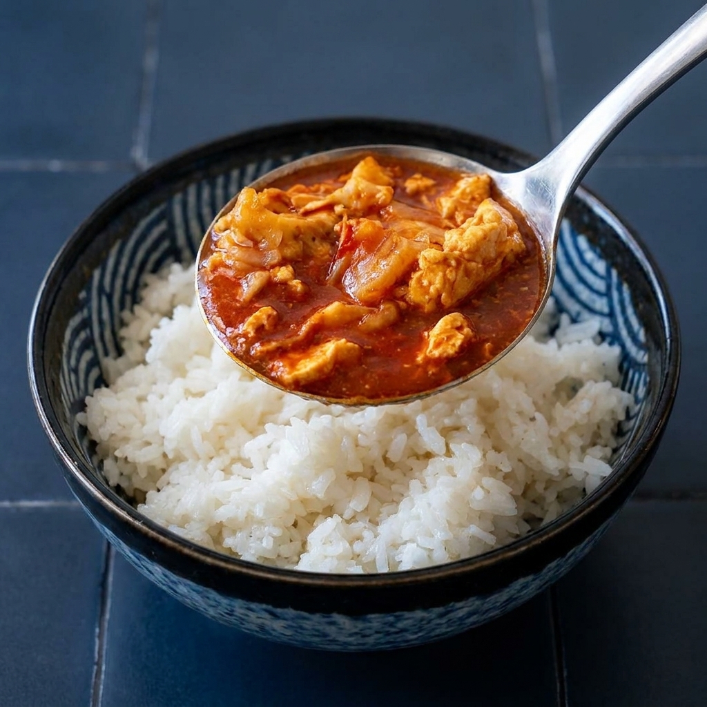 お玉でカレーとツナをたっぷりすくい、温かいご飯にかけている様子