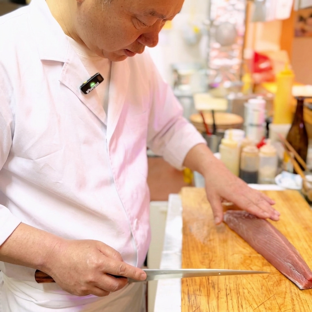 まな板の上で、刺身包丁を使ってマグロのブロックを綺麗に切り分けている様子。